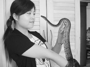 朱佳和她的宠物蛇在人们的传统观念中,蛇是一种令人畏惧的动物,与之