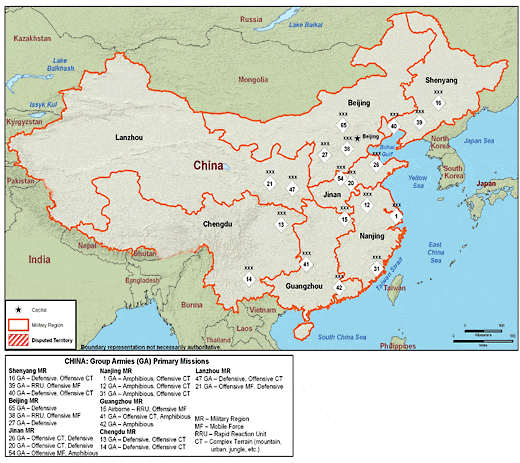 美08年度中国军力报告里的中国陆军集团军分布图