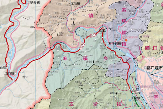 可能的出事地点地图,位于映秀,漩口和都江堰市之间