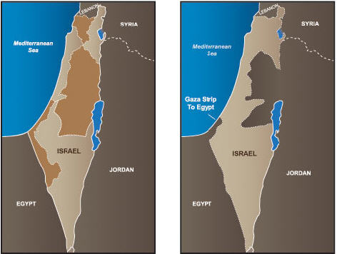 巴勒斯坦分治决议和第一次中东战争。1947年11月29日，联合国通过了巴勒斯坦分治决议，规定英国对巴勒斯坦的委任统治于1948年8月结束，其后在巴勒斯坦建立阿拉伯国和犹太国，分治规划如左图所示；阿拉伯面积11000多平方公里，包括北部的加利利、约旦河以西地区和加沙地区；犹太国面积14000多平方公里；使耶路撒冷市成为一个在国际政权下的独立主体，由联合国管理。1948年，英军从巴勒斯坦地区撤走，对分治决议均感到不满的阿拉伯人和犹太人随后发生了冲突。5月14日，犹太复国主义者宣布成立以色列国。15日，阿拉伯联盟国家埃及、外约旦、伊拉克、叙利亚和黎巴嫩的军队相继进入巴勒斯坦，巴勒斯坦战争正式开始。 1949年尘埃落定后，以色列占领了除加沙和约旦河西岸部分地区以外两万多平方公里的土地，占巴勒斯坦面积的4/5(右图)。从此，中东战乱不断。
