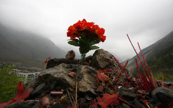 在北川縣老縣城的山頭上,，吊唁者放上一束紅色的塑料花，祭奠逝去的親人