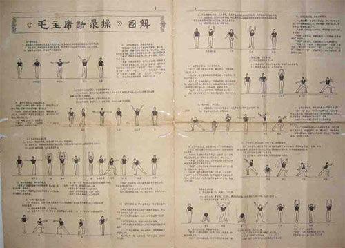 
“文革”中的“毛主席语录操”的雏形最早发源于北京“二炮”文工团。那时，毛主席语录歌是最时髦、最流行的革命歌曲，于是用毛主席语录配上乐曲再填加上徒手体操动作，这种所谓的“毛主席语录操”就一下子风靡北京，后来普及到全国。





