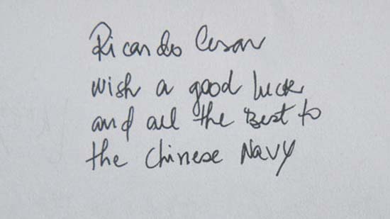 巴西舰艇指挥官里查多·考南给本网的赠言：“向中国海军致以最美好的祝愿，祝你好运。”