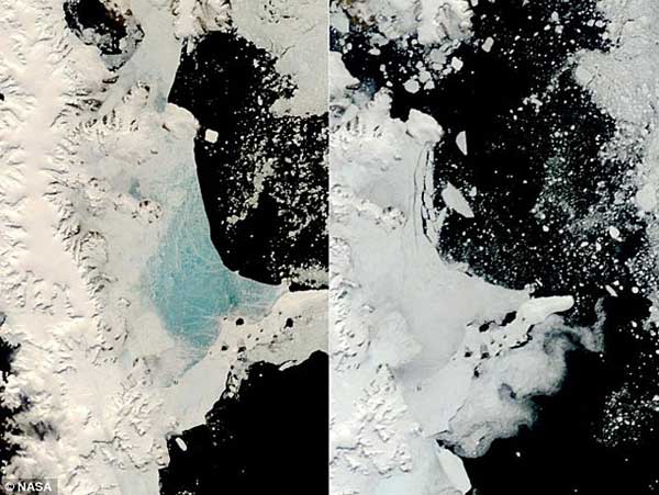 2008年12月(左图)和2009年初(右图)，美国宇航局Terra人造卫星拍摄南极洲海冰形式的对比图