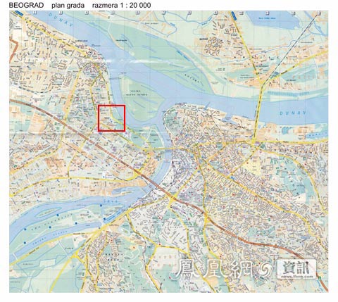 贝尔格莱德地图,图中红框中心处为中国驻南使馆遗址