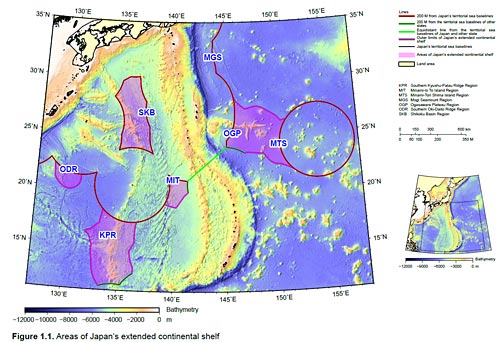 日本政府于2008年11月针对7个海域提交了大陆架延伸申请 至此