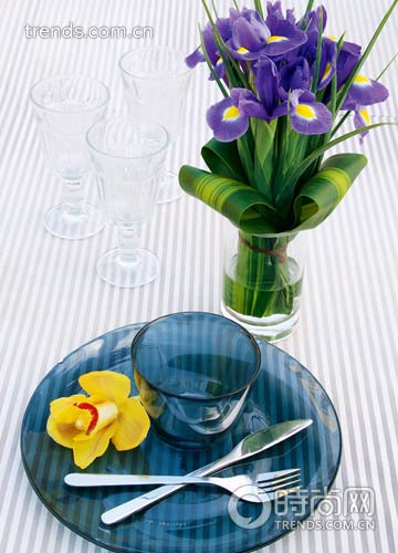 3.比起高大粗犷的德国鸢尾来，荷兰鸢尾更加玲珑精致；它有着三位一体的优雅花朵、纤细的叶片，是餐桌花艺中经常使用的花材。蓝紫色调是它的经典色彩，很容易营造出清新雅致的效果。
　　花材：鸢尾、巴西铁与蕙兰
　　制作：用鸢尾扎成花束，插入瓶中即可。