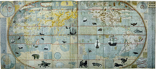 明万历年间意大利人M.利玛窦(1552～1610)在中国编绘的世界地图。万历三十六年(1608)由明宫廷艺人摹绘12份。现存本即此12份之一，现藏于南京博物院。