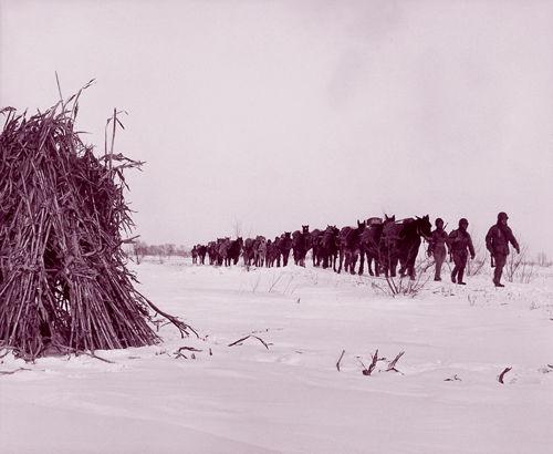 在冰雪覆盖的田野上，国民党步兵在进行调防行军。（1948年1月，奉天）