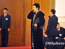 李小琳在全国政协会场外接听电话