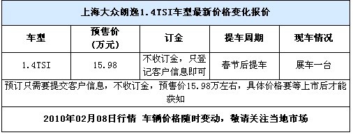 朗逸1.4TSI即将上市 4S店正式接受预订