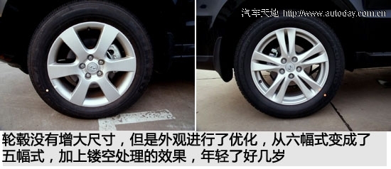 与09款相比,2010款新胜达轮毂与轮胎的尺寸没有改变,但轮毂外观有了
