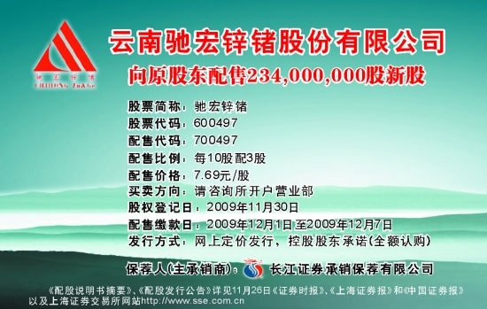 云南驰宏锌锗股份有限公司向原股东配售234,0