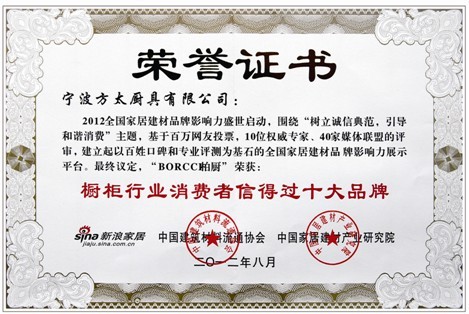 柏厨获评2012年中国橱柜行业消费者信得过十