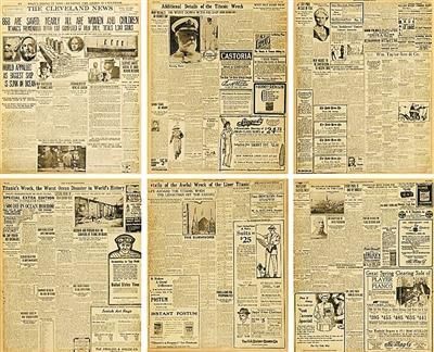 6张1912年4月16日报道了泰坦尼克号沉没新闻的《The Cleveland News》(《克利夫兰日报》)即将亮相拍场。 (保利供图)