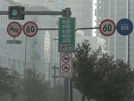 图为沈阳市北陵大街上的环保绿标路标识牌