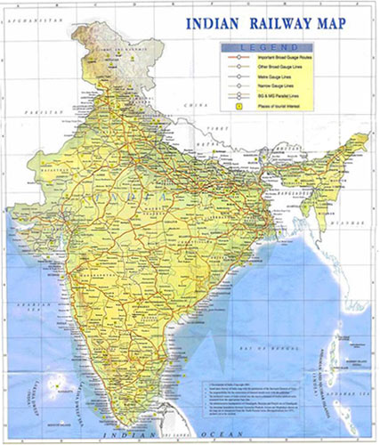 印度铁路地图,印度铁路总长632万公里,其中电气化铁路178万公里