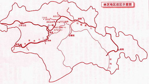 資料圖:林芝地區政區示意圖,南部大片空白地多屬印佔區.